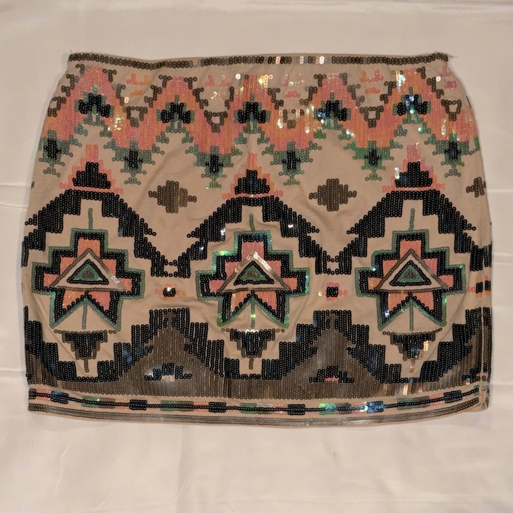 Express Sequin Mini Skirt XS‎ Tan Geometric Boho Southwestern Festival Aztec